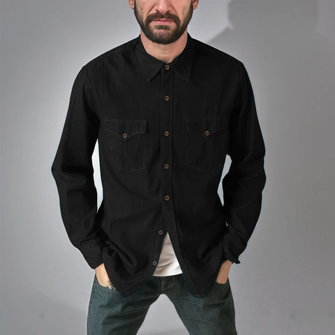Chemise en Jean Rétro pour Hommes Manches Longues Revers Vêtements de Travail Vintage Américains Couleur Unie Mélange de Coton Veste Décontractée