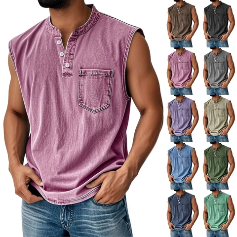 Men's Vintage Washed Henley Sleeveless T-Shirt Casual Loose Fit Cotton Blend Tank Top With Pocket Button Neck Vest