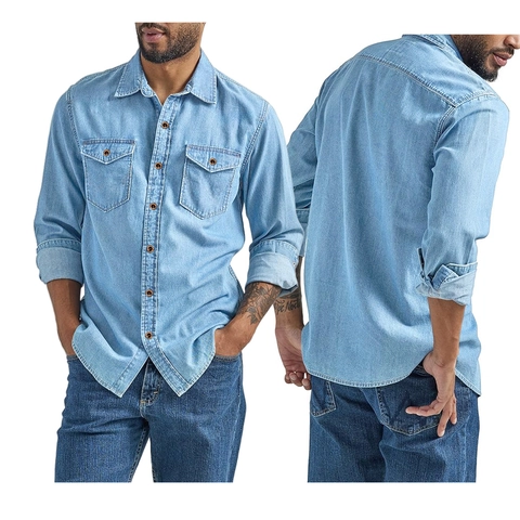 Men Vintage Denim Long Sleeve Shirt Solid Color Turn-down Collar Casual Workwear Button Down Top Double Pocket
