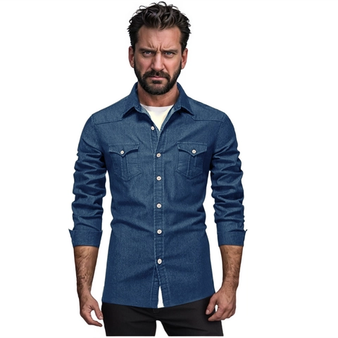 Camicia di Jeans Casual da Uomo Manica Lunga in Misto Cotone Stile Workwear Con Doppie Tasche Tinta Unita Collo a Rever