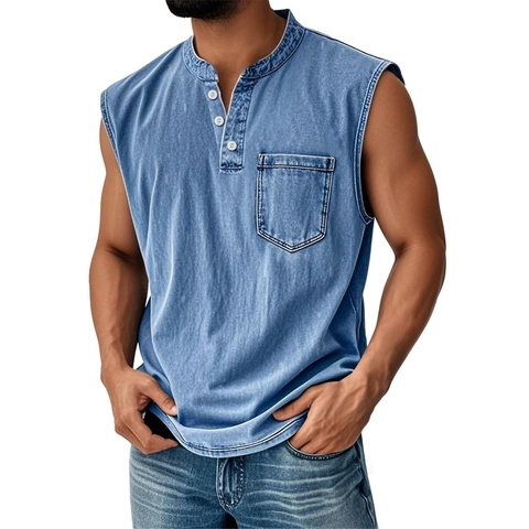 Ανδρικό Casual Αμάνικο Denim T-Shirt Πλυμένο Ρετρό Λαιμόκοψη Henley 3-Κουμπιά Γιλέκο Με Τσέπη στο Στήθος Πολυεστερικό Καλοκαιρινό Top