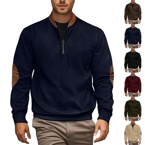 Sudadera Casual para Hombre Acanalada con Cremallera Corta Pullover Parches en Codos Cuello Alto Manga Larga Color Sólido