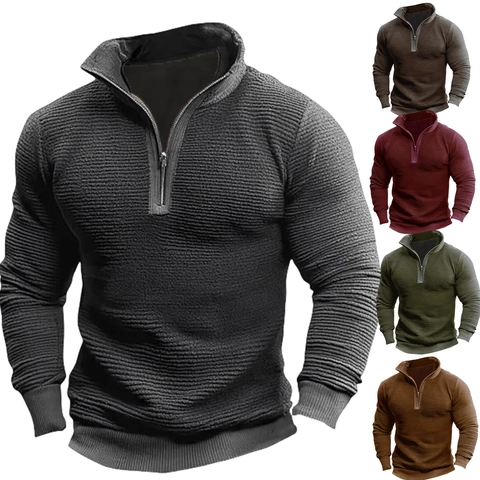 Herren Casual Waffelstrick Full Zip Hoodie Stehkragen Quarter Zip Sweatshirt Langarm Herbst Outdoor Jacke Top