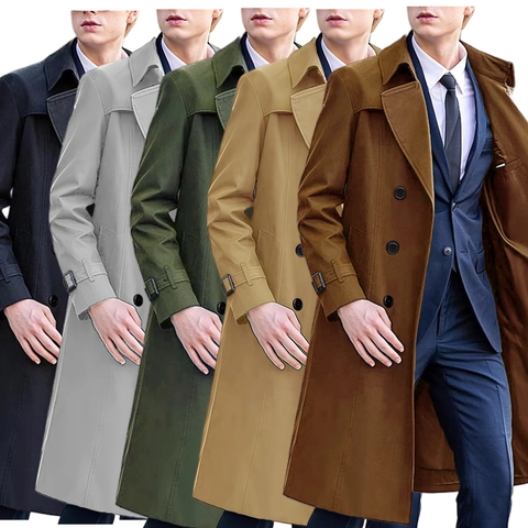 Trench Lungo da Uomo Doppiopetto Giacca Business Casual Tinta Unita Soprabito per Primavera Autunno Abbigliamento Quotidiano