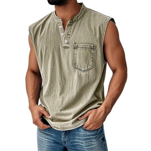Men's Vintage Washed Henley Sleeveless T-Shirt Casual Loose Fit Cotton Blend Tank Top With Pocket Button Neck Vest