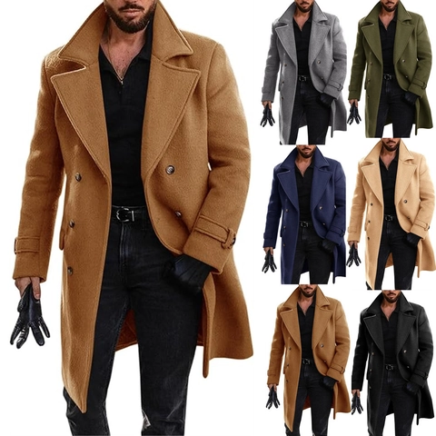 Men's Double Breasted Woolen Pea Coat Winter Mid-Length Thick Warm Slim Fit Trench Overcoat Business Casual Outerwear
