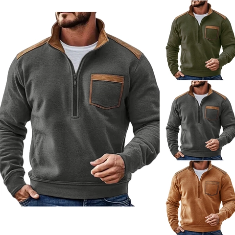 Felpa da Uomo Casual Collo in Piedi Quarter Zip Patchwork Blocco di Colore Manica Lunga Top Pile Tasca Outdoor Pullover