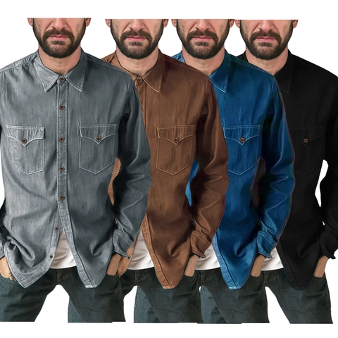 Camisa de Mezclilla Casual para Hombre Manga Larga Button Down Workwear Top Con Bolsillos Dobles en el Pecho Color Sólido Blusa de Algodón