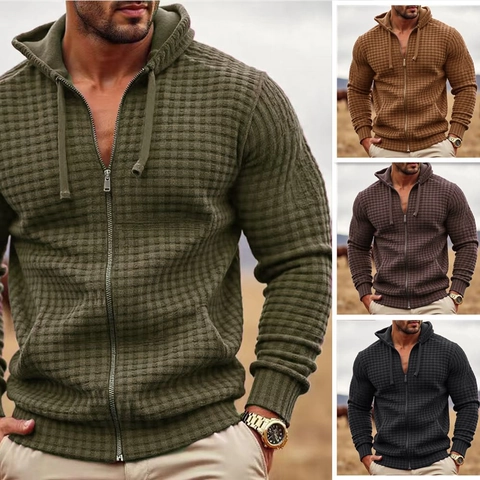 Herren Casual Waffelstrick Full Zip Hoodie Stehkragen Quarter Zip Sweatshirt Langarm Herbst Outdoor Jacke Top