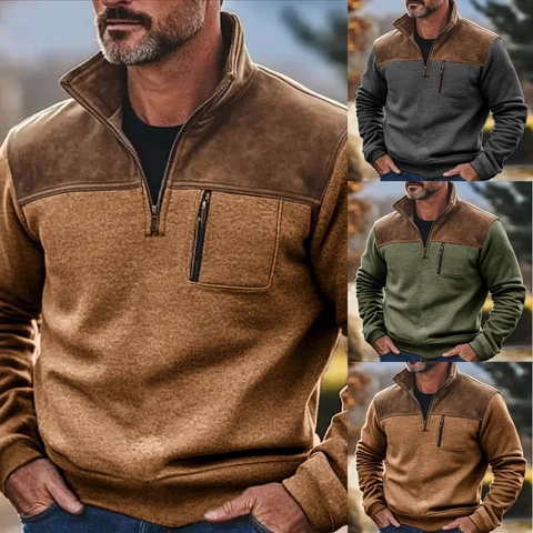 Felpa da Uomo Casual Collo in Piedi Quarter Zip Patchwork Blocco di Colore Manica Lunga Top Pile Tasca Outdoor Pullover