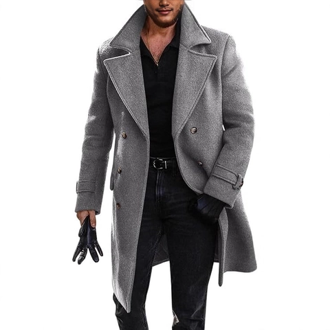 Men's Double Breasted Woolen Pea Coat Winter Mid-Length Thick Warm Slim Fit Trench Overcoat Business Casual Outerwear