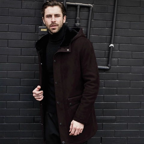Men Mid-Long Hooded Suede Jacket Faux Fur Lined Winter Warm Overcoat Multi-Pockets Casual Fashion Outerwear For Men