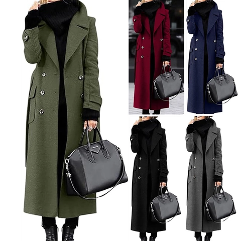 Women Long Woolen Coat Double Breasted Lapel Slim Fit Winter Overcoat Thick Solid Color Trench Coat With Belt Female Outerwear