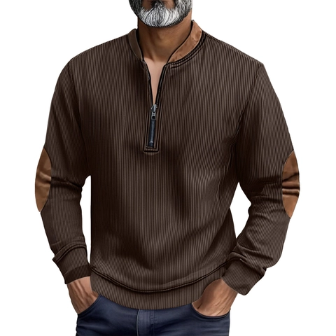 Sudadera Casual para Hombre Acanalada con Cremallera Corta Pullover Parches en Codos Cuello Alto Manga Larga Color Sólido