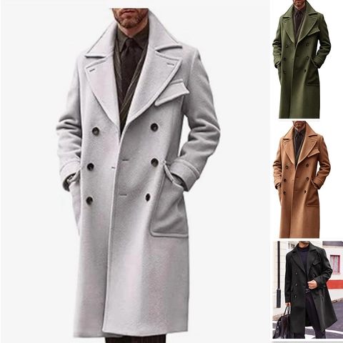 Men Business Casual Double Breasted Woolen Overcoat Thick Winter Mid Long Trench Coat British Style Lapel Solid Outerwear
