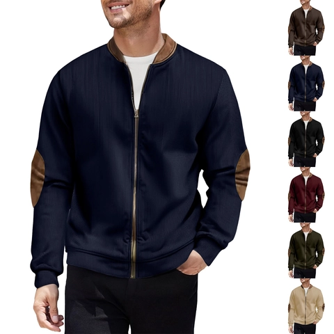 Men Casual Corduroy Jacket Stand Collar Long Sleeve Outerwear Contrast Color Patchwork Zipper Cardigan Bomber Coat For Autumn