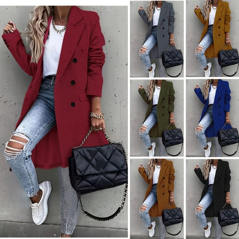 Women Double Breasted Wool Like Coat Mid Length Notch Lapel Solid Color Outerwear Casual Fashion Jacket For Winter Lady