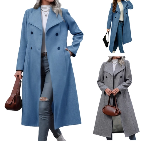 Dames Elegante Double Breasted Wollen Jas Extra Lange Mouw Effen Kleur Pak Kraag Trenchcoat Winter Warme Mode Bovenkleding