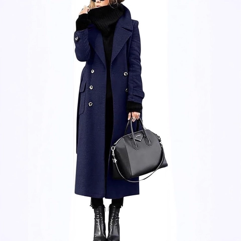 Women Long Woolen Coat Double Breasted Lapel Slim Fit Winter Overcoat Thick Solid Color Trench Coat With Belt Female Outerwear