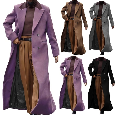 Men's Long Wool Blend Overcoat Double Breasted Thicken Winter Trench Coat Slim Fit British Style Business Casual Outerwear