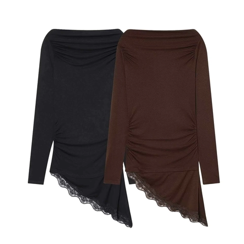 Women's Elegant Off-Shoulder Ruched Long Sleeve Top Asymmetric Lace Hem Solid Color Polyester T-Shirt For Autumn Party