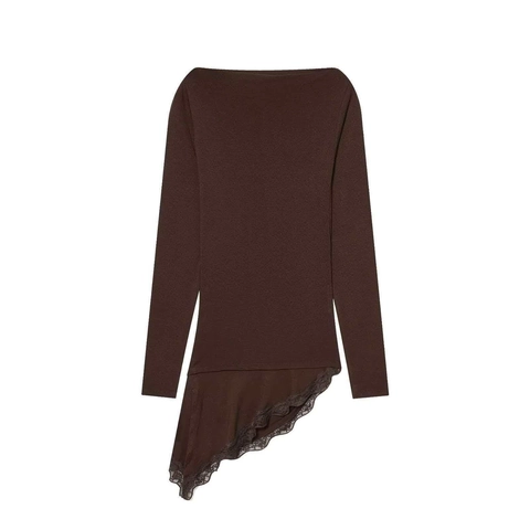 Women's Elegant Off-Shoulder Ruched Long Sleeve Top Asymmetric Lace Hem Solid Color Polyester T-Shirt For Autumn Party