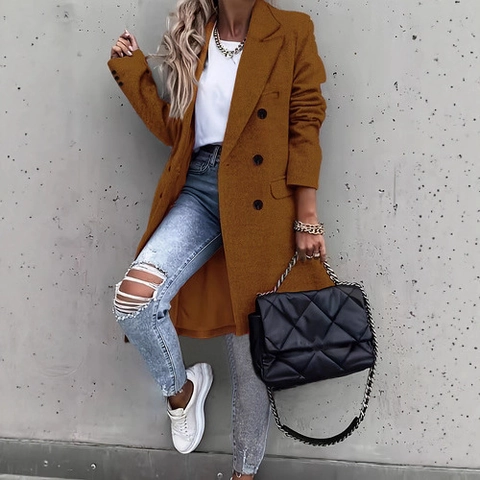 Women Double Breasted Wool Like Coat Mid Length Notch Lapel Solid Color Outerwear Casual Fashion Jacket For Winter Lady