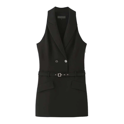 Damen Ärmelloses Blazerkleid Zweireiher Anzug Weste Minikleid Mit Gürtel Slim Fit Einfarbig Büro Dame Professionelle Kleidung