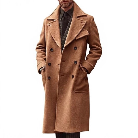 Men Business Casual Double Breasted Woolen Overcoat Thick Winter Mid Long Trench Coat British Style Lapel Solid Outerwear