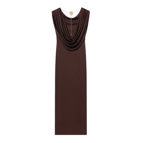 Women Elegant Cowl Neck Slim Fit Midi Dress Sleeveless Backless Knitted Long Dress With Rose Chain Detail Solid Color Wear
