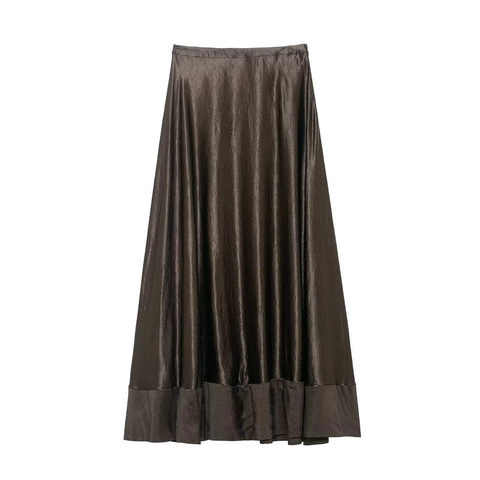 Jupe Maxi en Satin Métallisé Vintage pour Femmes Élégante Taille Haute Froissée Coupe Trapèze Jupe Longue Couleur Unie Soirée