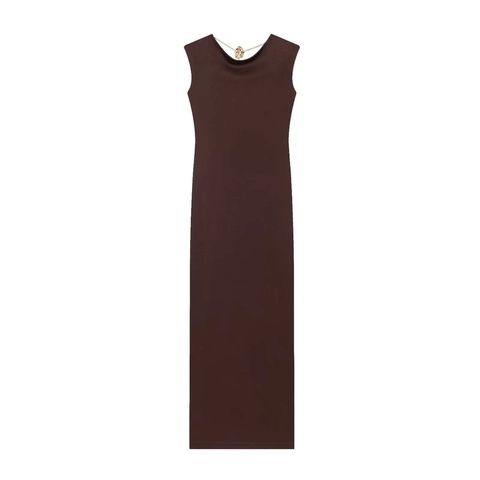 Women Elegant Cowl Neck Slim Fit Midi Dress Sleeveless Backless Knitted Long Dress With Rose Chain Detail Solid Color Wear