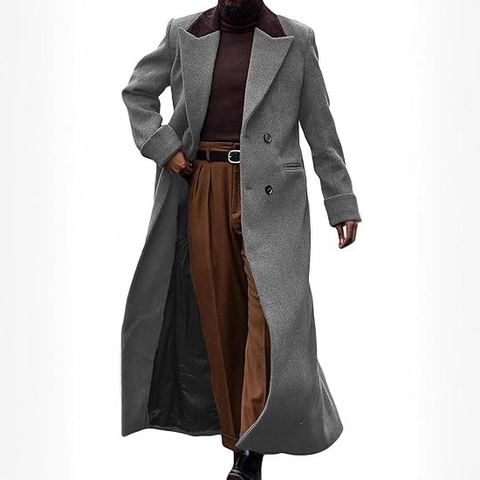 Men's Long Wool Blend Overcoat Double Breasted Thicken Winter Trench Coat Slim Fit British Style Business Casual Outerwear