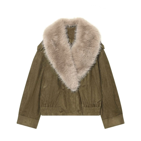 Dames Mode Imitatiesuède Jas Met Grote Imitatiebontkraag Double Breasted Losse Pasvorm Winter Warme Bovenkleding Olijfgroen Casual Mantel