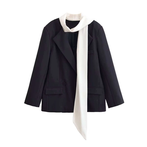Elegant Dames Zwart Blazer Jas Contrast Witte Sjaal Detail Lange Mouw Ruime Pasvorm Reverskraag Woon-werkverkeer Bovenkleding Jas