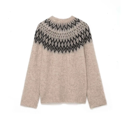 Suéter de Punto Fair Isle Vintage para Mujer Cuello Redondo Manga Larga Suelto Casual Jersey Avena Patrón Geométrico