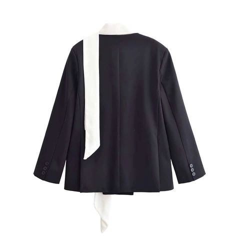 Elegant Dames Zwart Blazer Jas Contrast Witte Sjaal Detail Lange Mouw Ruime Pasvorm Reverskraag Woon-werkverkeer Bovenkleding Jas