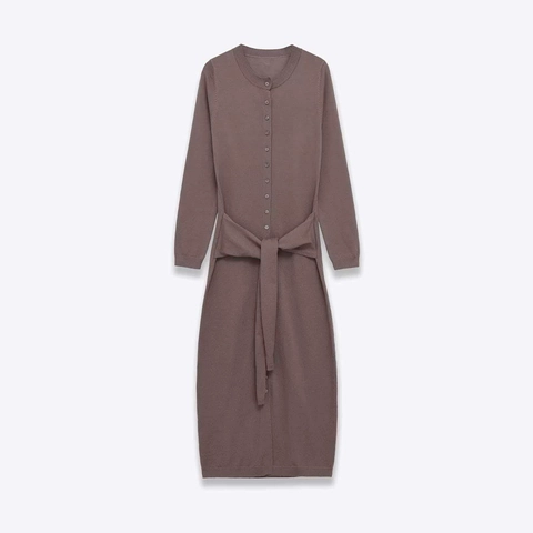 Women Elegant Knitted Maxi Dress Round Neck Long Sleeve Single Breasted Waist Tie Solid Color Slim Fit Autumn Dress