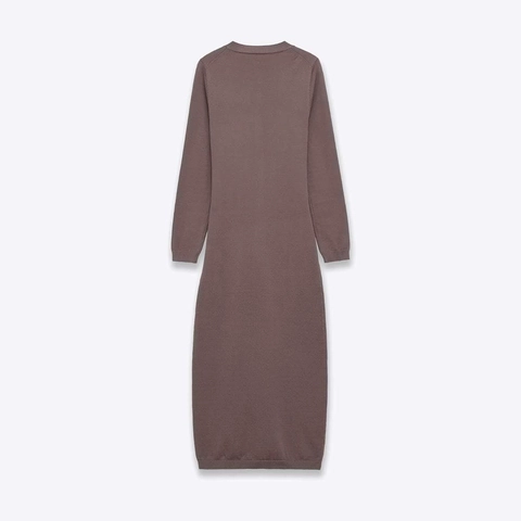 Women Elegant Knitted Maxi Dress Round Neck Long Sleeve Single Breasted Waist Tie Solid Color Slim Fit Autumn Dress