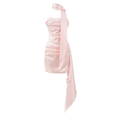 Women Sexy Strapless Ruched Satin Midi Dress Elegant Slim Fit Party Dress With Long Ribbon Scarf Socialite Nightclub Dress