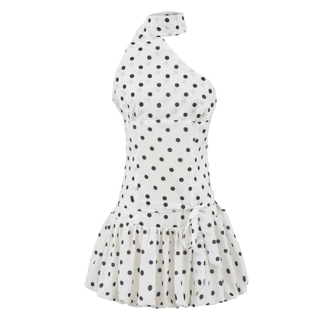 Damen Neckholder Polka Dot Minikleid Sexy Rückenfrei Asymmetrische Schulter Sommer Partykleid Mit Bindegürtel