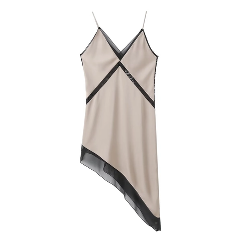 Damen Sexy V Ausschnitt Spitzen Patchwork Asymmetrisches Satin Slip Kleid Champagner Spaghettiträger Midi Partykleid Für Sommer