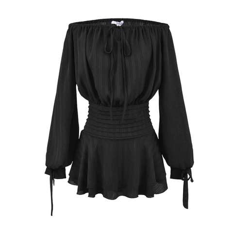 Damen Schulterfreies Gesmoktes Minikleid Lange Laternenärmel Rüschensaum Polyester Elegant Einfarbig Party Kurzes Kleid
