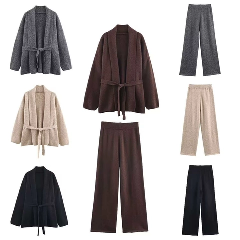 Conjunto de Mujer Cárdigan de Punto de Color Sólido y Pantalones de Pata Ancha Conjunto Casual Estilo Relajado Poliéster Invierno Cálido
