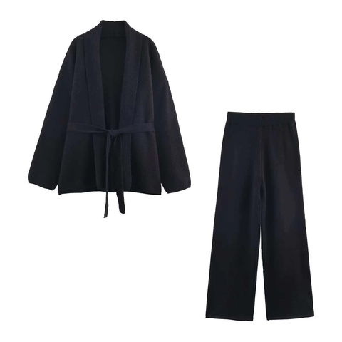 Conjunto de Mujer Cárdigan de Punto de Color Sólido y Pantalones de Pata Ancha Conjunto Casual Estilo Relajado Poliéster Invierno Cálido