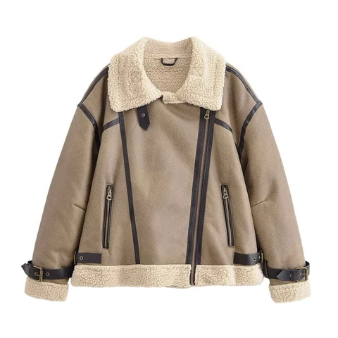 Chaqueta Aviadora de Ante Vintage para Mujer Caqui con Forro de Lana de Cordero Sintética Abrigo Biker Retazos Ropa de Invierno Cálida Manga Larga