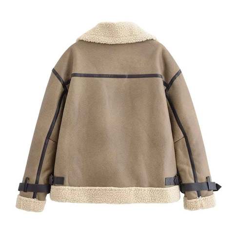 Chaqueta Aviadora de Ante Vintage para Mujer Caqui con Forro de Lana de Cordero Sintética Abrigo Biker Retazos Ropa de Invierno Cálida Manga Larga