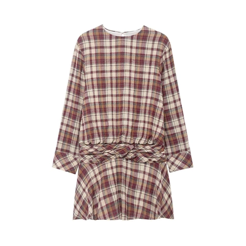 Dames Vintage Geruite Mini Jurk Lange Mouwen Ronde Hals Gedraaide Knoop Hoge Taille Casual Schotse Ruit Jurk Voor Herfst Mode