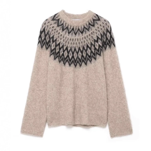 Suéter de Punto Fair Isle Vintage para Mujer Cuello Redondo Manga Larga Suelto Casual Jersey Avena Patrón Geométrico