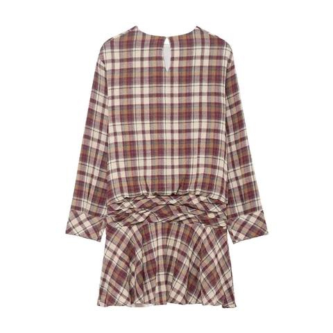 Dames Vintage Geruite Mini Jurk Lange Mouwen Ronde Hals Gedraaide Knoop Hoge Taille Casual Schotse Ruit Jurk Voor Herfst Mode